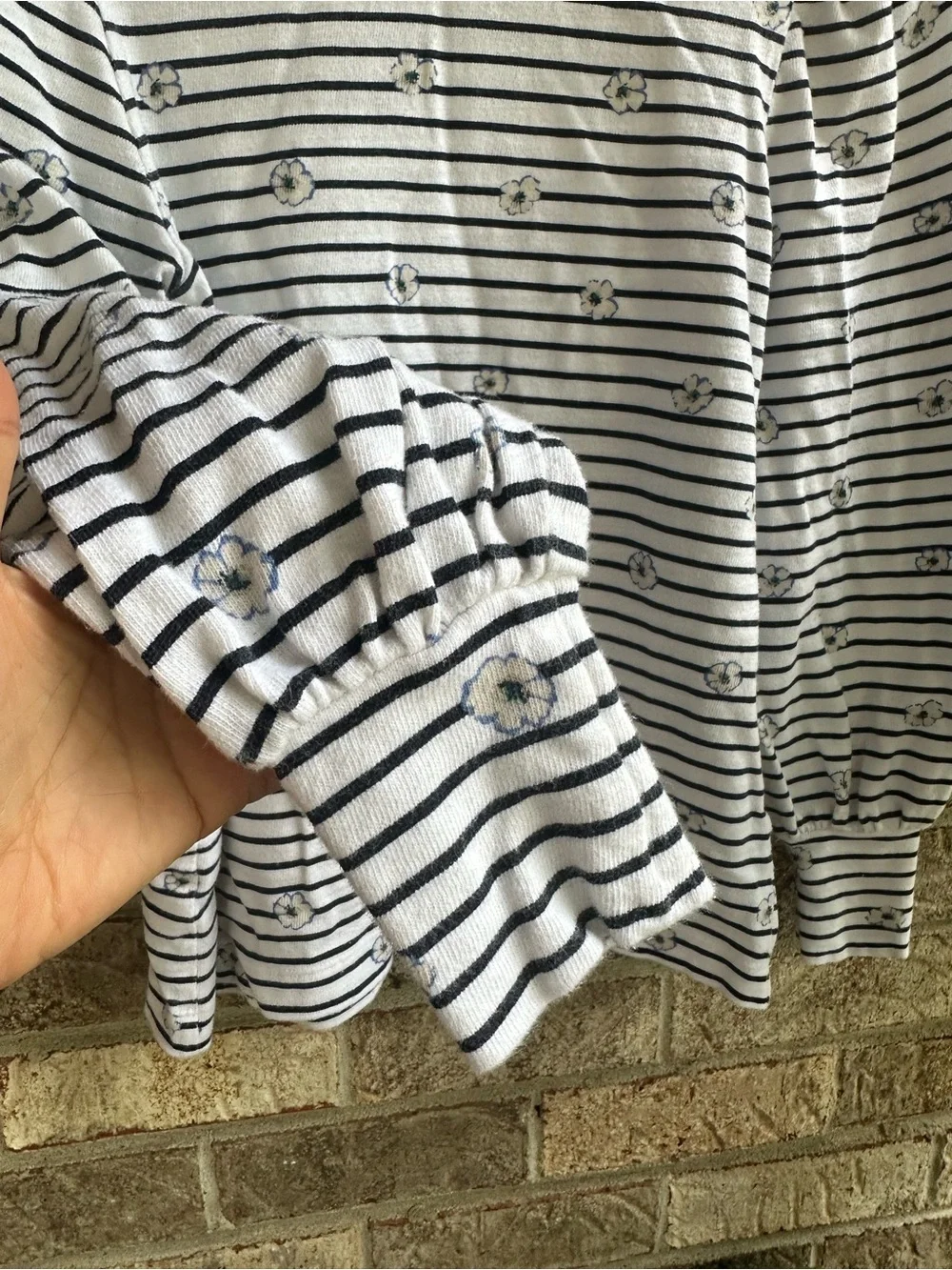 Loft Cottagecore Cotton Striped Puff-Sleeve Top with Floral Dots - Navy & White